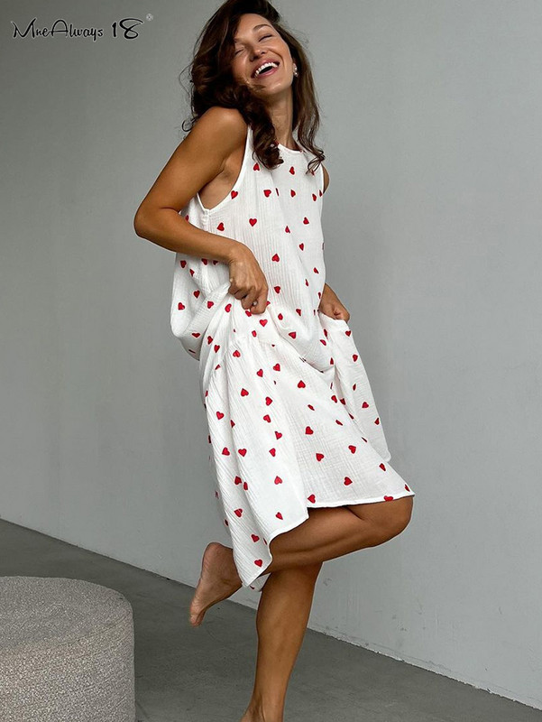 Mnealways18 Love Print kokvilnas kleita līdz teļa vidum Sieviešu naktsveļa O kakla bez piedurknēm 2024. gada pavasara elegantas ikdienas kleitas