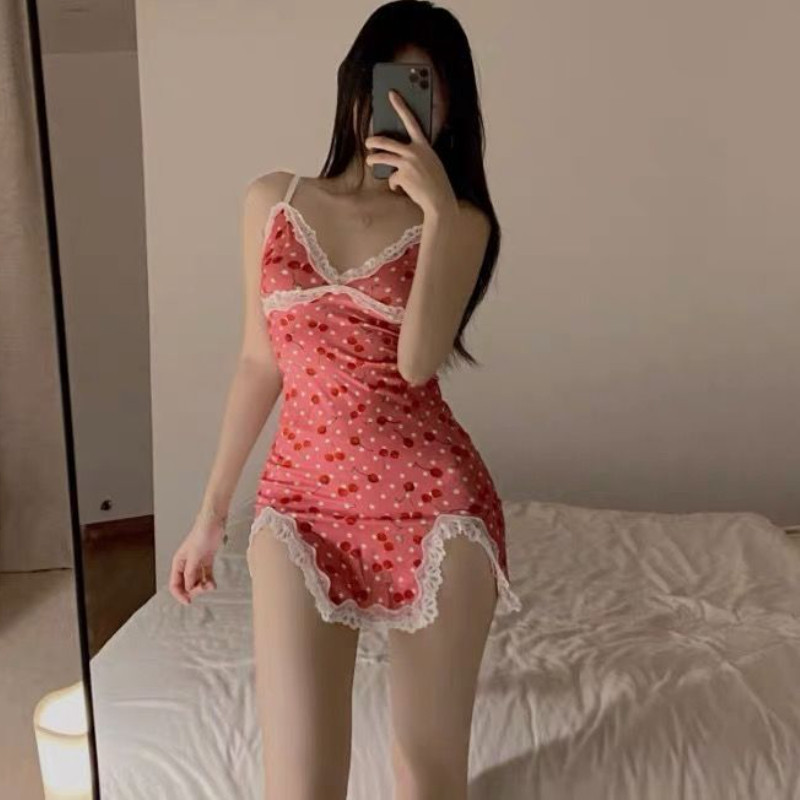 Izdilis naktskrekli sievietēm V-veida kakla izgriezumā Seksīga dizaina mežģīnes, karstas meitenes vasaras guļamveļas, kas ir dots Home Ulzzang Mini, moderns, retro stila brīvā laika pavadīšanas veids bez piedurknēm