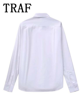 TRAF 2024 Пролетна дамска мода, елегантни бели блузи, тънка риза с издълбани ревери, дамско ежедневно улично облекло Mujer Blusa, офис дама