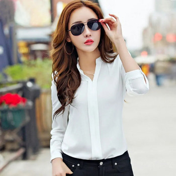 Риза с дълъг ръкав Дамско есенно облекло Модна тънка шифонена блуза V-образно деколте Корейски елегантни офис дамски ризи Основни дамски горнища