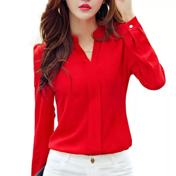 Риза с дълъг ръкав Дамско есенно облекло Модна тънка шифонена блуза V-образно деколте Корейски елегантни офис дамски ризи Основни дамски горнища