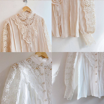 Пролетна, сладка, издълбана дантелена пачуърк блуза, есенно копче, бяло горнище, дамски блузи, венчелистчета с ръкав, риза с яка и стойка за цветя 12419