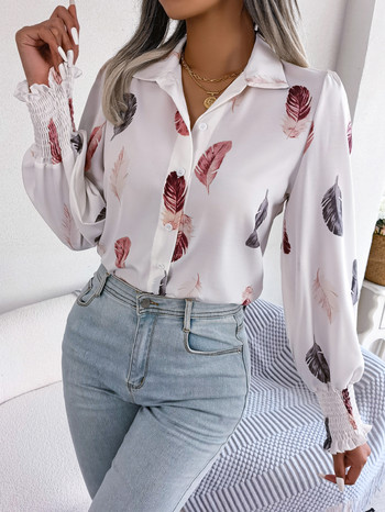 Дамска ежедневна риза с яка с щампа на пера и дълъг ръкав Бяло Розово Синьо