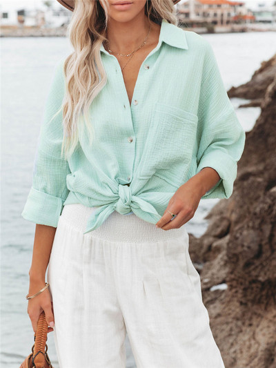 Naine pehme piparmündirohelised puuvillased särgid, 2022. aasta kevadised naiste taskusärgid, naiste magusad, soliidsed särgid