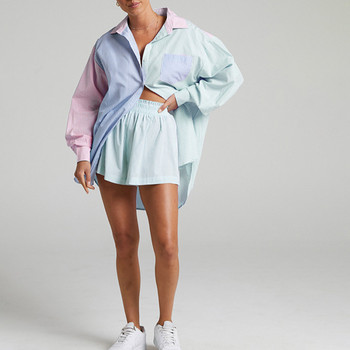 Нови дамски анцузи Риза с дълъг ръкав с мини къси панталони Раирани комплекти от две части Дамски екипи Блузи Модни дрехи