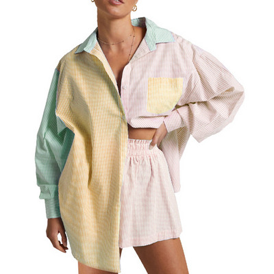 Jauni sieviešu treniņtērpi krekls ar garām piedurknēm ar mini šortiem, svītrainiem diviem gabaliem, komplekti, sieviešu tērpi, blūzes, modes apģērbi