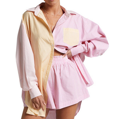 Jauni sieviešu treniņtērpi krekls ar garām piedurknēm ar mini šortiem, svītrainiem diviem gabaliem, komplekti, sieviešu tērpi, blūzes, modes apģērbi