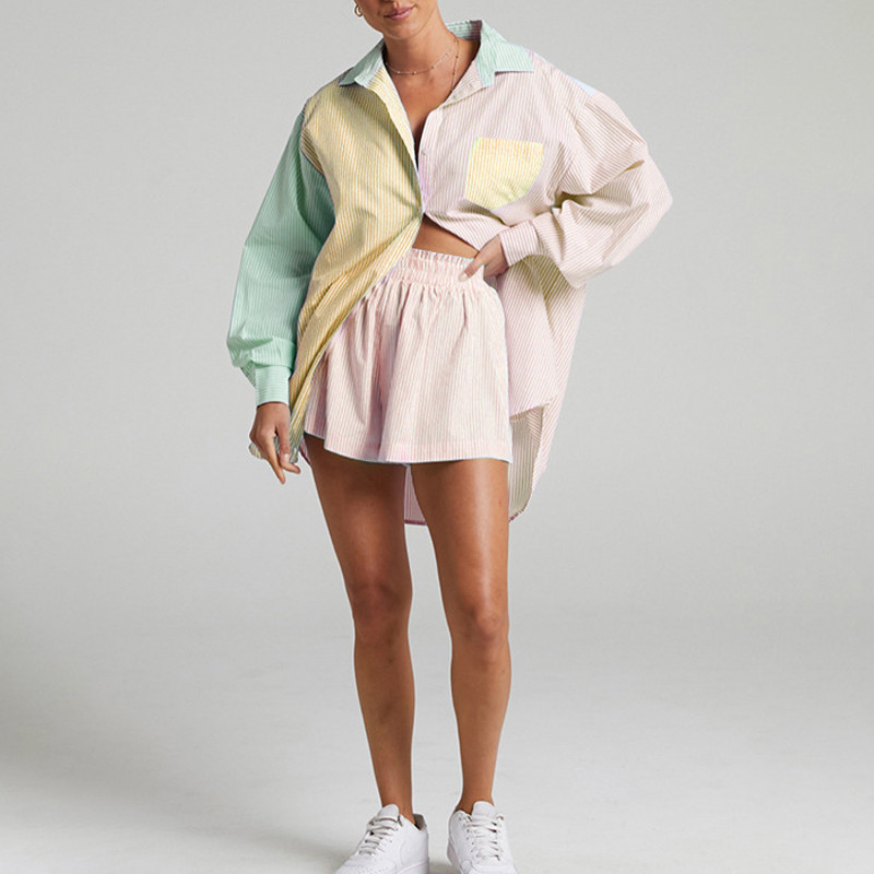 Jauni sieviešu treniņtērpi krekls ar garām piedurknēm ar mini šortiem, svītrainiem diviem gabaliem, komplekti, sieviešu tērpi, blūzes, modes apģērbi