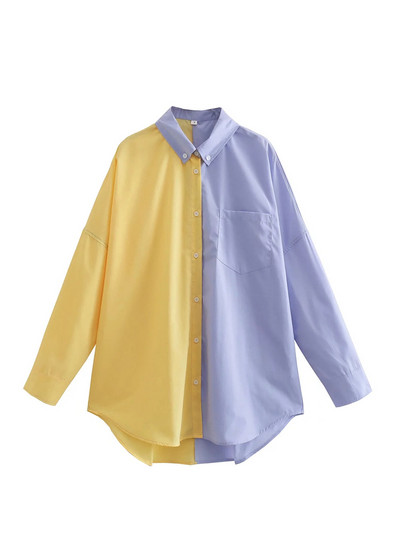 Ženska elegantna patchwork široka košulja dugih rukava 2023. Proljetna moda Ženske jednoredne košulje Ženske ležerne prevelike majice