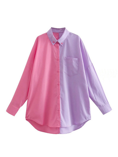 Ženska elegantna patchwork široka košulja dugih rukava 2023. Proljetna moda Ženske jednoredne košulje Ženske ležerne prevelike majice