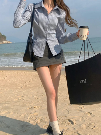 Дамски раирани ризи с корейска поло яка Дамска нова риза Прегръщаща талията Отслабващ дизайн Sense Универсална горна блуза с дълъг ръкав
