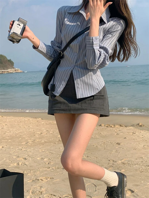 Sieviešu korejiešu polo apkakle svītraini krekli Sieviešu jauns krekls, kas aptver vidukli, slaidinošs dizains Sense daudzpusīga blūze ar garām piedurknēm