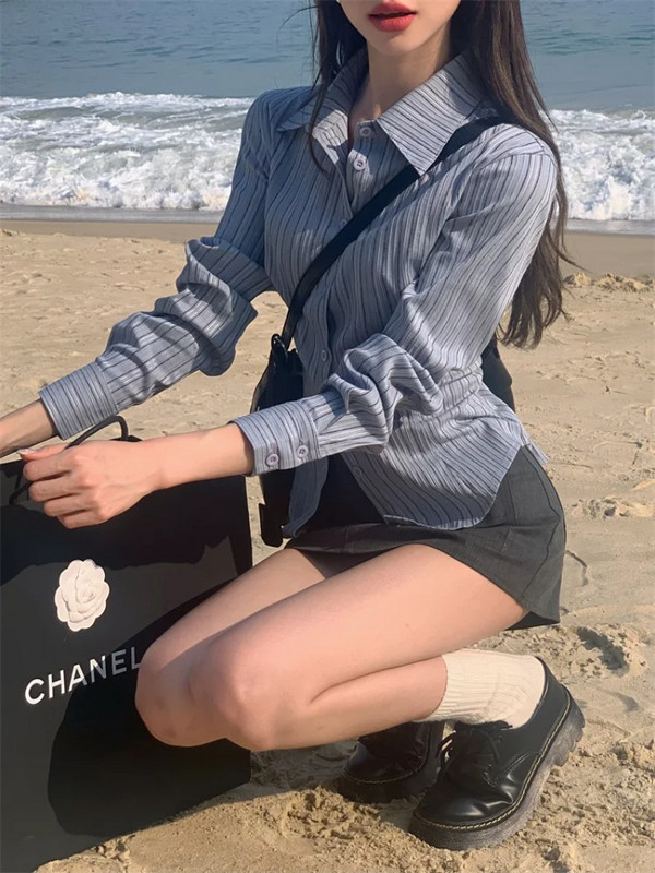 Sieviešu korejiešu polo apkakle svītraini krekli Sieviešu jauns krekls, kas aptver vidukli, slaidinošs dizains Sense daudzpusīga blūze ar garām piedurknēm