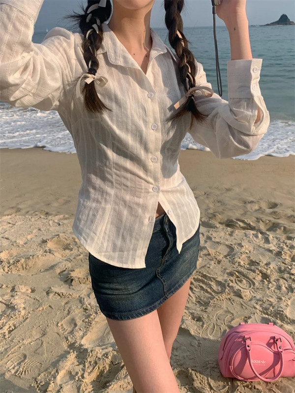 Sieviešu korejiešu polo apkakle svītraini krekli Sieviešu jauns krekls, kas aptver vidukli, slaidinošs dizains Sense daudzpusīga blūze ar garām piedurknēm