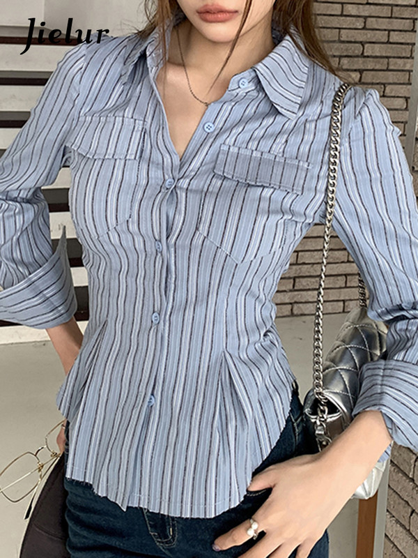 Jielur kék csíkos karcsú derék Szexi női ingek Varázslat Színes Alkalmi divat Irodai Női alkalmi egysoros női ing