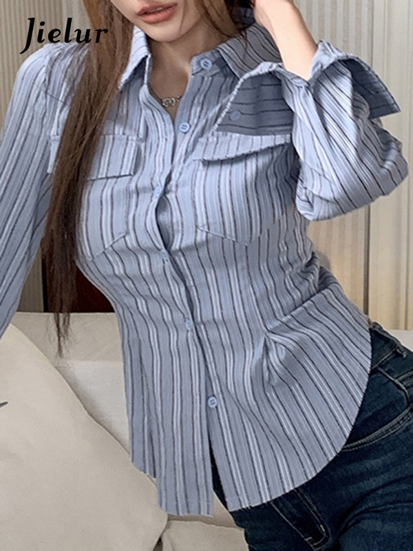 Jielur kék csíkos karcsú derék Szexi női ingek Varázslat Színes Alkalmi divat Irodai Női alkalmi egysoros női ing