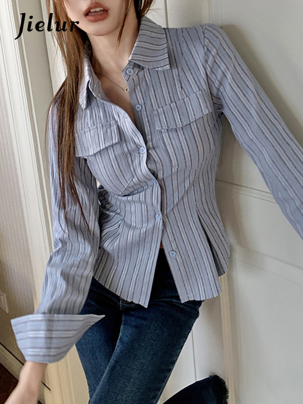 Jielur kék csíkos karcsú derék Szexi női ingek Varázslat Színes Alkalmi divat Irodai Női alkalmi egysoros női ing