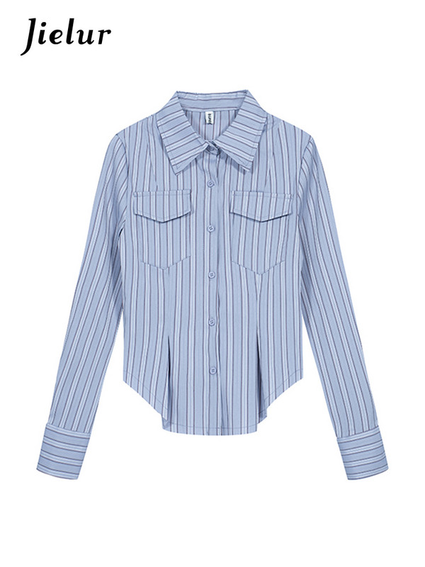 Jielur kék csíkos karcsú derék Szexi női ingek Varázslat Színes Alkalmi divat Irodai Női alkalmi egysoros női ing