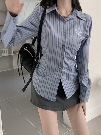 Zoki Harajuku Ретро раирана риза Дамска корейска модна тънка блуза с бродерия Препъп стил Всички съвпадащи ежедневни топове с дълъг ръкав