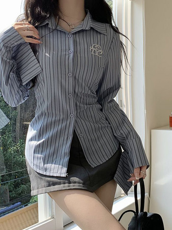 Zoki Harajuku Ретро раирана риза Дамска корейска модна тънка блуза с бродерия Препъп стил Всички съвпадащи ежедневни топове с дълъг ръкав