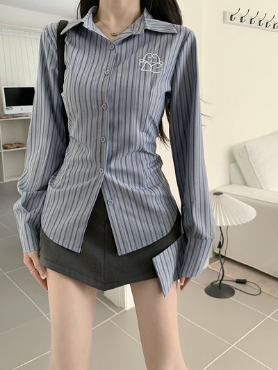 Zoki Harajuku Retro svītrains krekls Sieviešu korejiešu modes plānas izšuvumu blūze Preppy Style All Match ar garām piedurknēm ikdienas topi