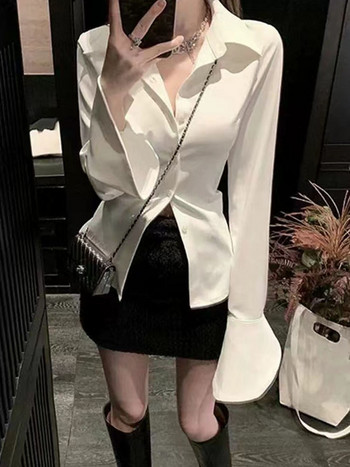 Черна горна част с камбанка Винтидж блузи Корсет Бяла риза Дамска готическа лолита с дълги ръкави Секси блуза в корейски стил