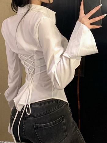 Черна горна част с камбанка Винтидж блузи Корсет Бяла риза Дамска готическа лолита с дълги ръкави Секси блуза в корейски стил