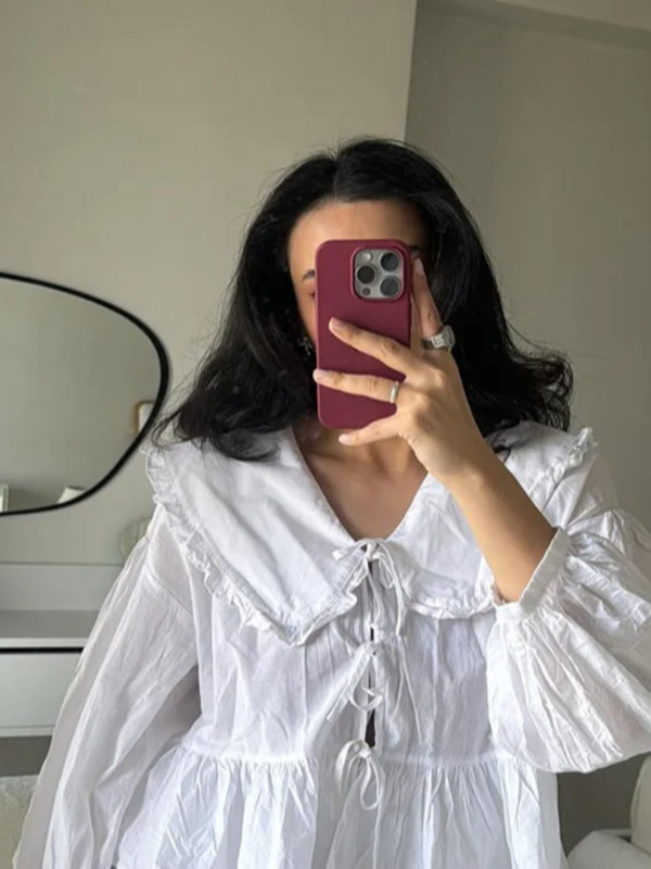 Ikdienišķa balta, eleganta leļļu apkakle, saldie krekli Sieviešu brīvs laternas krekls ar garām piedurknēm, mežģīņu krekls sievietēm, jauna sieviešu blūze, topi ielas apģērbs