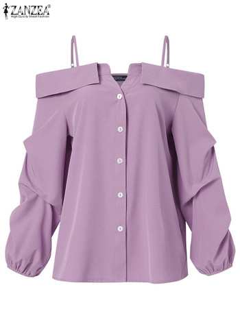 Модни дамски ризи ZANZEA 2023 Секси блуза с отворени рамене, летни топове, ежедневни презрамки, копчета, плисирани плътни широки туники с дълъг ръкав