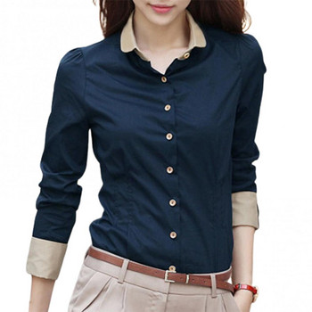 Офис дамска риза с дълги ръкави и яка с обратна яка, стегната риза с копчета, блуза, топ ризи за жени, мода, тъмно синьо xxxl