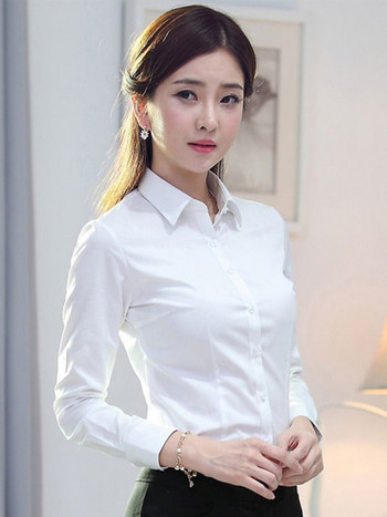 Модна дамска риза Бяла риза Женска професионална риза с дълъг ръкав Официална рокля Голям размер Работно облекло OL Button Дамски горнища
