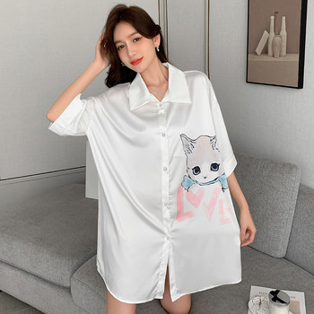 Нови пижами в корейски стил Сладка кавайна котка Сладко момиче Ризи Нощница Шифон Cool Feeling Къси ръкави Дамско спално облекло Ново