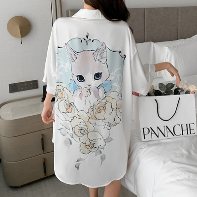 Nou stil coreean Ins Pijamale Cute Kawaii Cat Sweet Girl Cămași Cămașă de noapte șifon Cool Feeling Mâneci scurte Femei Lenjerie de noapte Nou