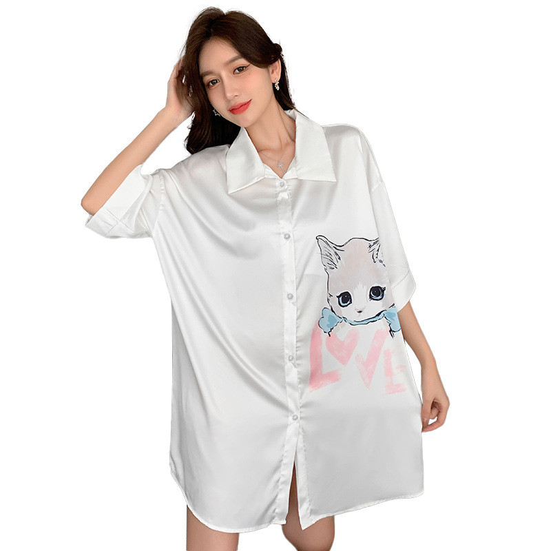 Nou stil coreean Ins Pijamale Cute Kawaii Cat Sweet Girl Cămași Cămașă de noapte șifon Cool Feeling Mâneci scurte Femei Lenjerie de noapte Nou
