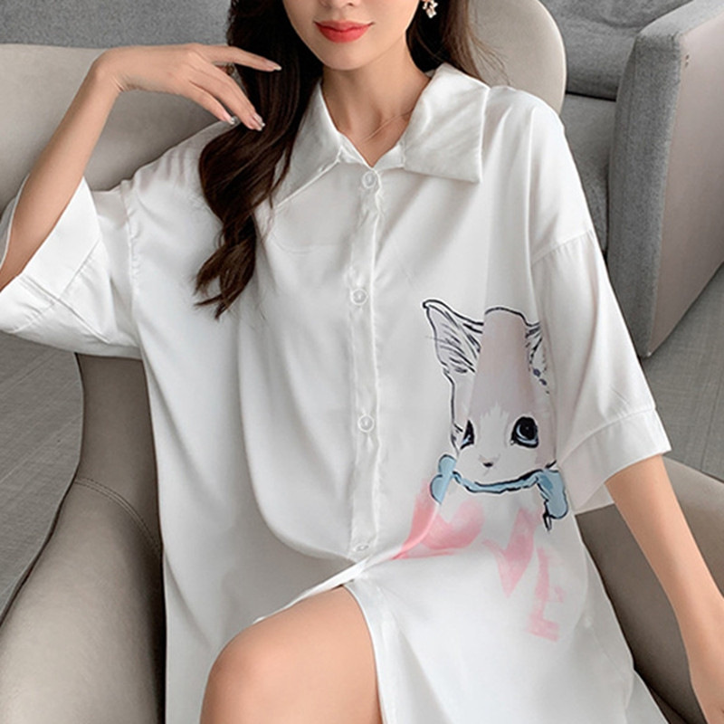 Nou stil coreean Ins Pijamale Cute Kawaii Cat Sweet Girl Cămași Cămașă de noapte șifon Cool Feeling Mâneci scurte Femei Lenjerie de noapte Nou