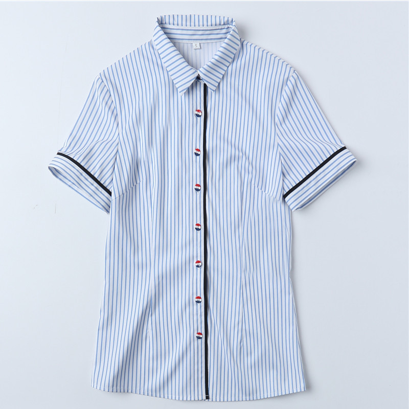 Elegantna tanka košulja s plavim prugama Ženska Blusas De Mujer Bonitas Y Baratas Šifonska bluza kratkih rukava Uredske ženske majice