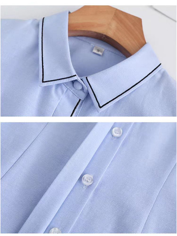 NAVIU korejske modne bijele plave ženske majice s mješavinom pamuka, bluze dugih rukava, ljetne studentske majice, ženske majice