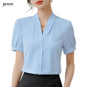 NAVIU 2024, vasaras jauni sieviešu eleganti šifona blūzes ar īsām piedurknēm, balti sūdi, balti vintage biroja apģērbi, biznesa ikdienas topi