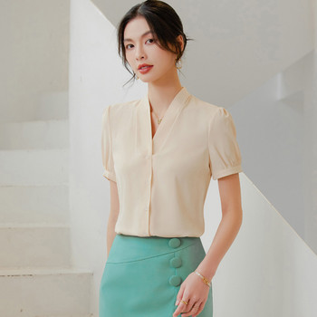 NAVIU 2024 Летни нови дамски елегантни шифонени блузи с къс ръкав V-образно деколте White Shit Vintage Office Wear Work Business Casual Tops