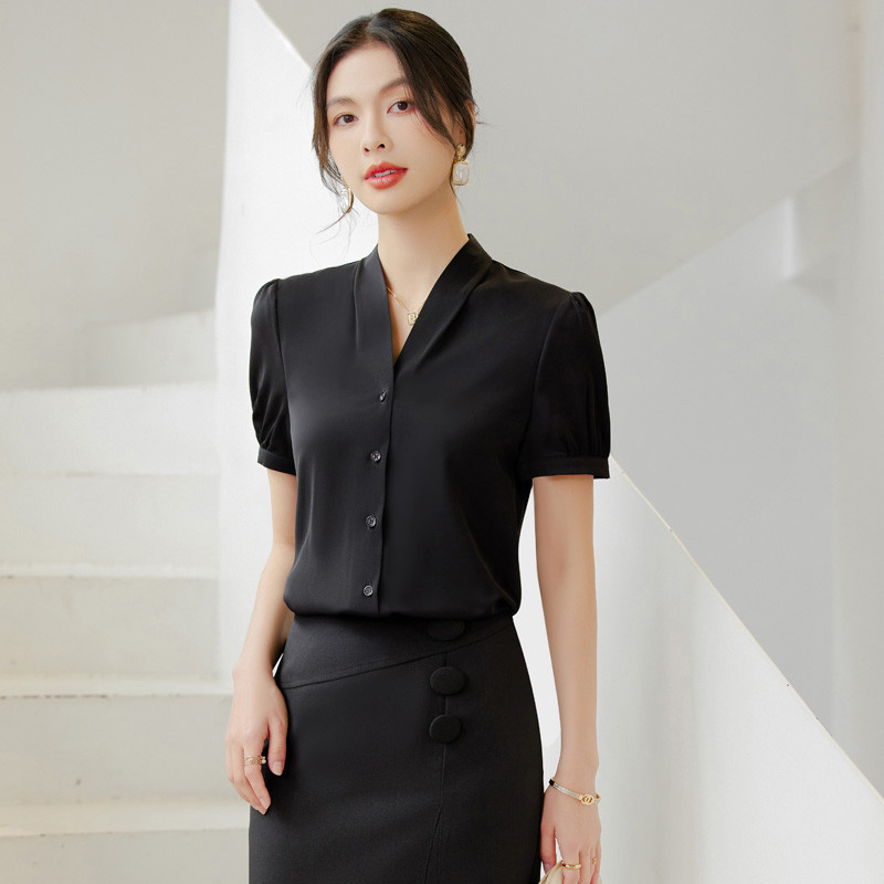 NAVIU 2024, vasaras jauni sieviešu eleganti šifona blūzes ar īsām piedurknēm, balti sūdi, balti vintage biroja apģērbi, biznesa ikdienas topi