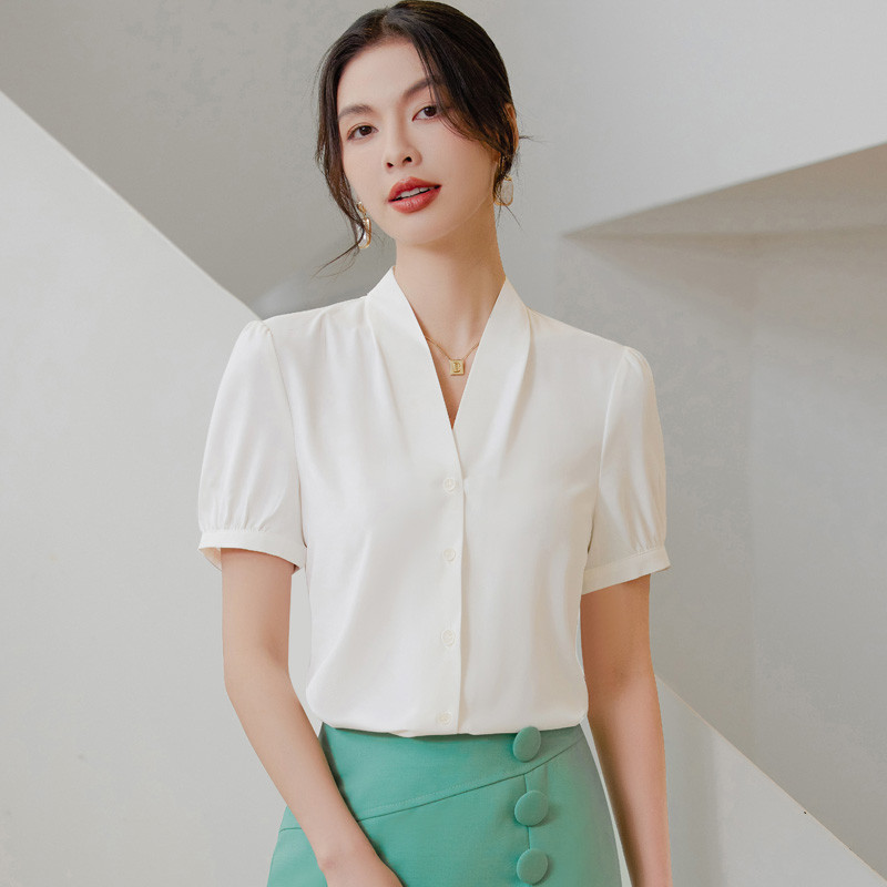 NAVIU 2024, vasaras jauni sieviešu eleganti šifona blūzes ar īsām piedurknēm, balti sūdi, balti vintage biroja apģērbi, biznesa ikdienas topi