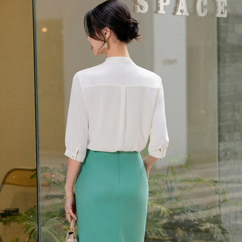 NAVIU Дамски бели блузи в летен стил Ризи Lady Office Wea OL Half Sleeve V Deck Solid Color Blusas Tops Black Apricot