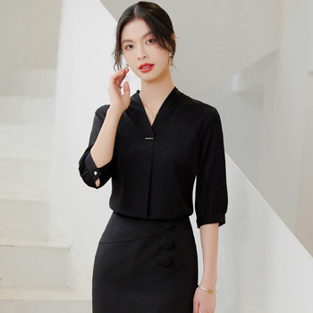 NAVIU Дамски бели блузи в летен стил Ризи Lady Office Wea OL Half Sleeve V Deck Solid Color Blusas Tops Black Apricot