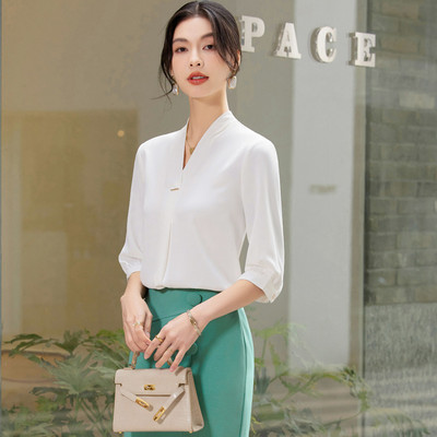 NAVIU Sieviešu Sping Summer Style Baltas Blūzes Krekli Sieviešu Biroja Wea OL Puspiedurknēm V Kakls Vienkrāsains Blusas Topi Melns Aprikožu