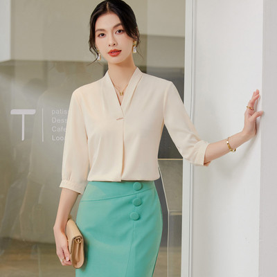 NAVIU Sieviešu Sping Summer Style Baltas Blūzes Krekli Sieviešu Biroja Wea OL Puspiedurknēm V Kakls Vienkrāsains Blusas Topi Melns Aprikožu