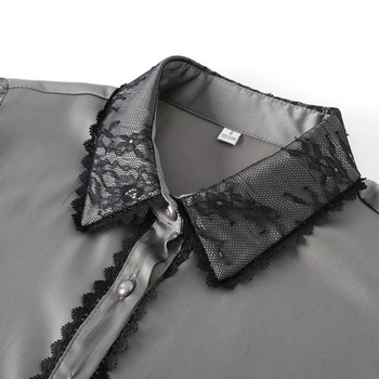 Сива риза Дамски дантелен пачуърк дизайн Висок клас 2022 Нови есенни официални ацетатни блузи с дълъг ръкав Офис дамски работни горнища