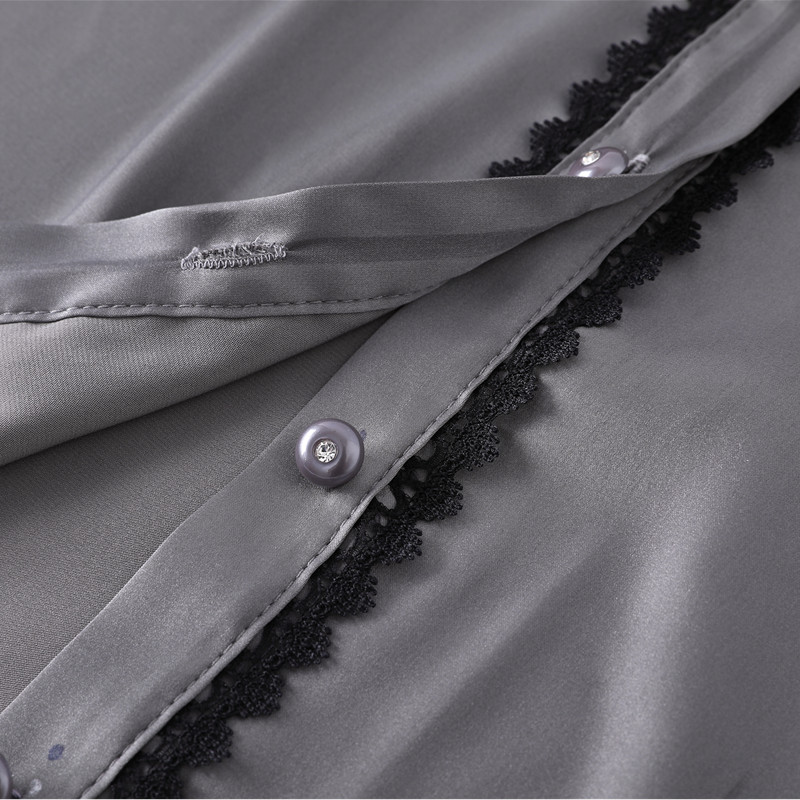 Pelēks krekls Sieviešu mežģīņu savārstījuma dizains, augstākās klases 2022. gada jauns rudens ar garām piedurknēm formālas acetāta blūzes biroja sieviešu darba topi