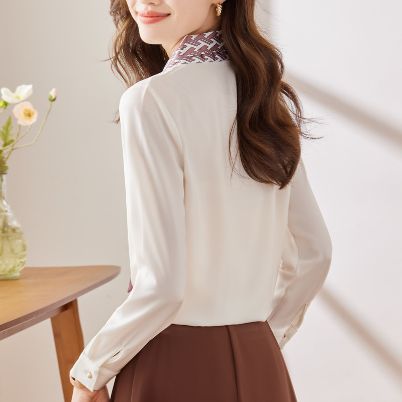 NAVIU fehér szalagos nyakkendős női ing V nyakú Professzionális formális szatén blúzok Irodai női munkafedők Szürke új divat