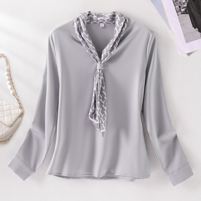 NAVIU fehér szalagos nyakkendős női ing V nyakú Professzionális formális szatén blúzok Irodai női munkafedők Szürke új divat