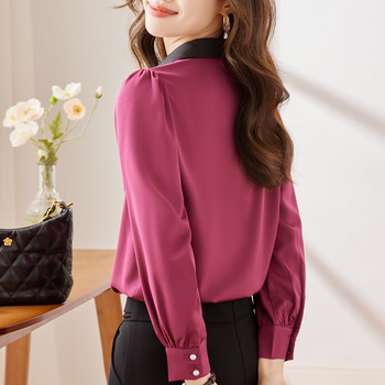 NAVIU 2023 Есен, нова розово червена риза, дамска мода от висок клас, темперамент с v-образно деколте, ежедневни официални блузи, работни блузи за офис дами, бели